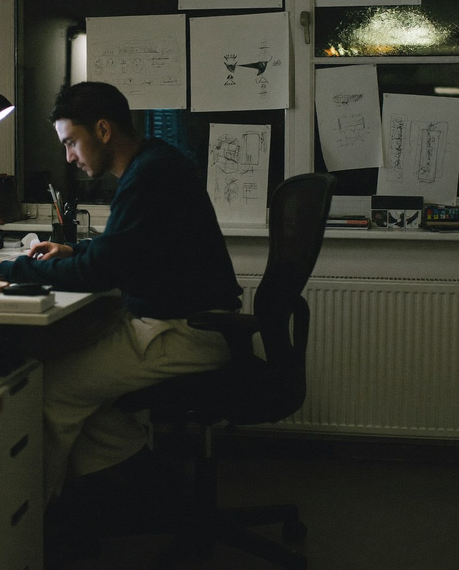Stimmungsbild (KI-generiert): Designer arbeitet abends an einem Rechner, an der Wand Skizzen für ein Website-Layout
