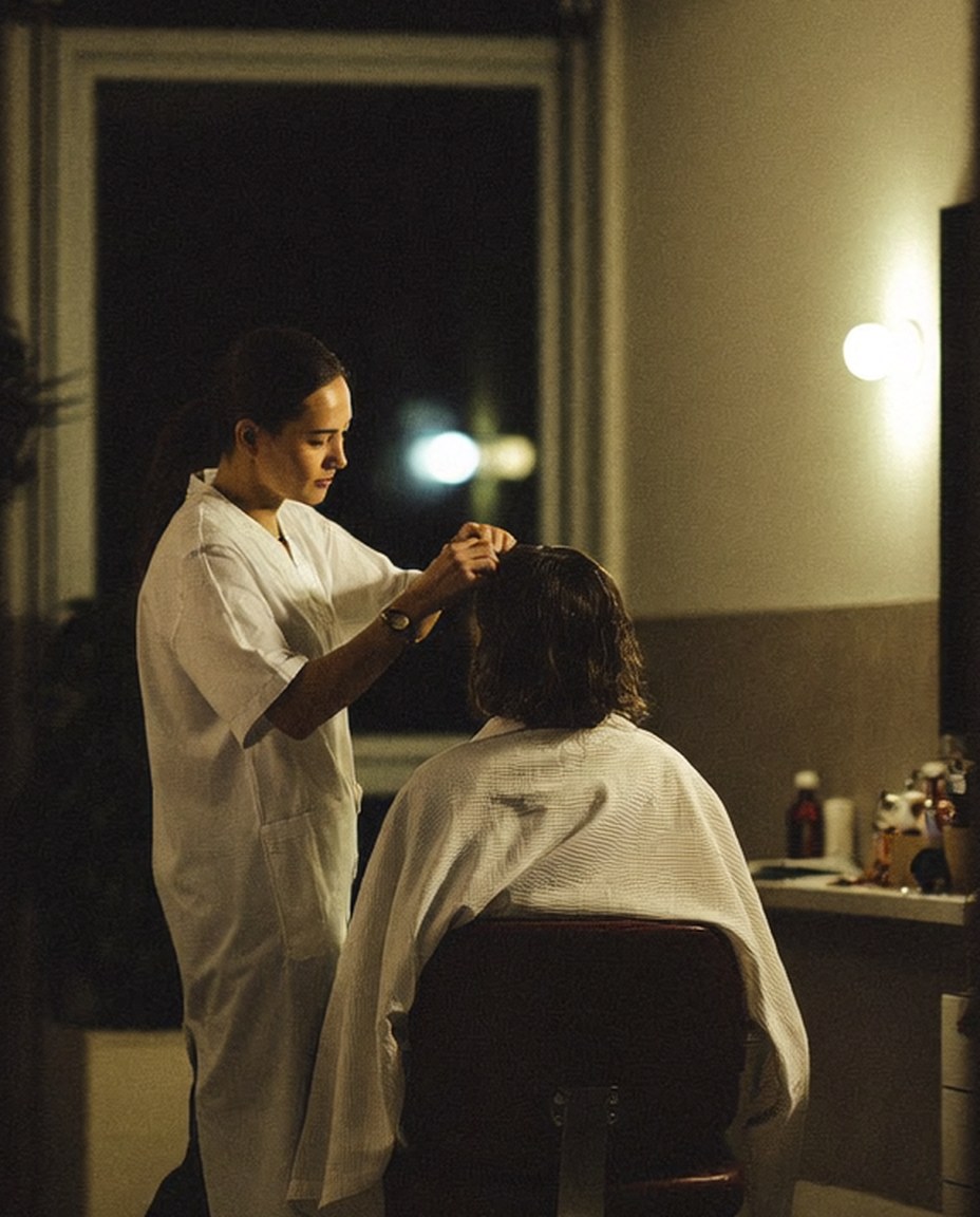 Stimmungsbild (KI-generiert): Friseurin in einem kleinen Salon am Abend bei der Arbeit