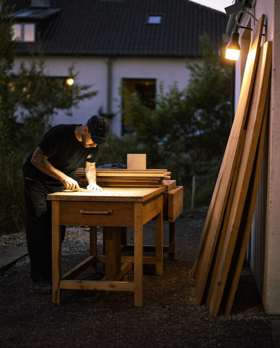 Stimmungsbild (KI-generiert): Tischler arbeitet abends im Hof vor einem Haus in der Nachbarschaft